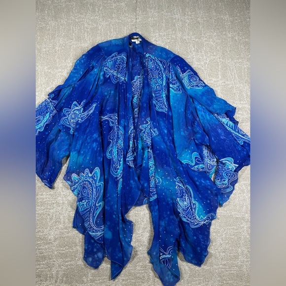 Vtg Yolanda Lorentz Dragon Blue Sheer Open Front Kimono Cover 100% Silk Sz 1 - Picture 1 of 7